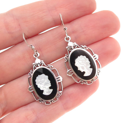 Ken Crafts 925 Sterling Vintage Real MOP & Black Onyx Lady Cameo Dangle Earrings