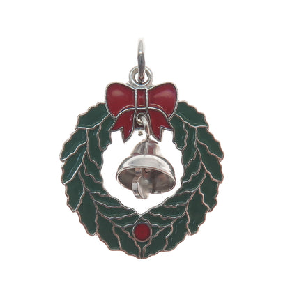 WELLS 925 Sterling Silver Vintage Enamel Christmas Bell & Bow Wreath Pendant