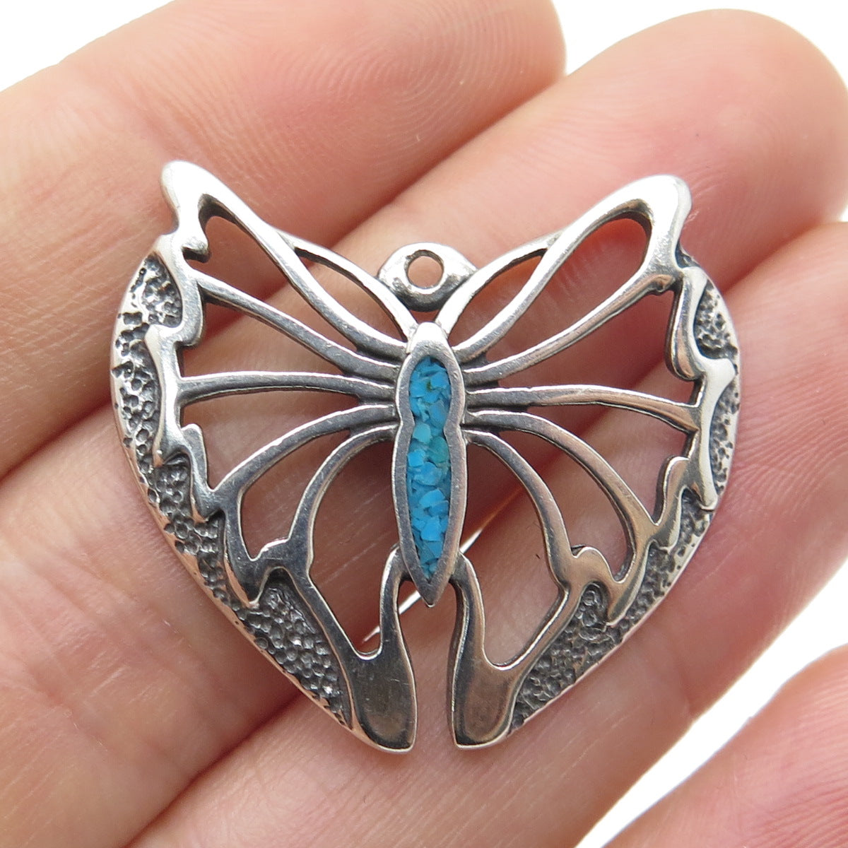 925 Sterling Silver Vintage Real Turquoise Gem Inlay Butterfly Pendant