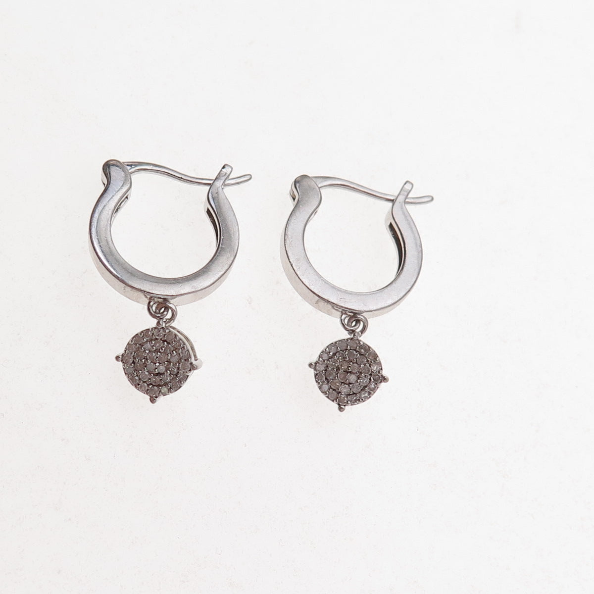 925 Sterling Silver Real Round-Cut Diamond Dangle Charm Hoop Earrings