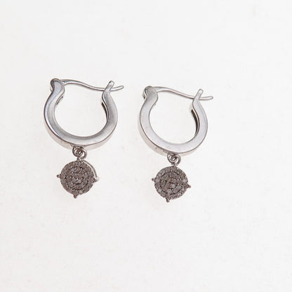 925 Sterling Silver Real Round-Cut Diamond Dangle Charm Hoop Earrings