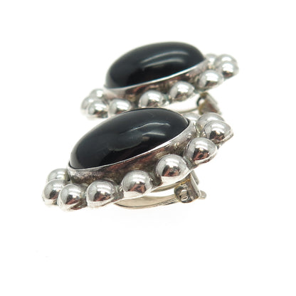 925 Sterling Silver Vintage Mexico Real Black Onyx Beaded Clip On Earrings