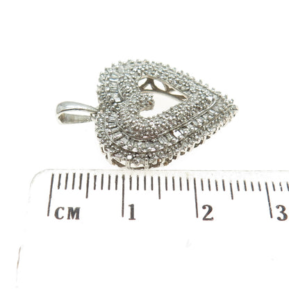 925 Sterling Silver Real Round & Tapered Baguette-Cut Diamond Heart Pendant