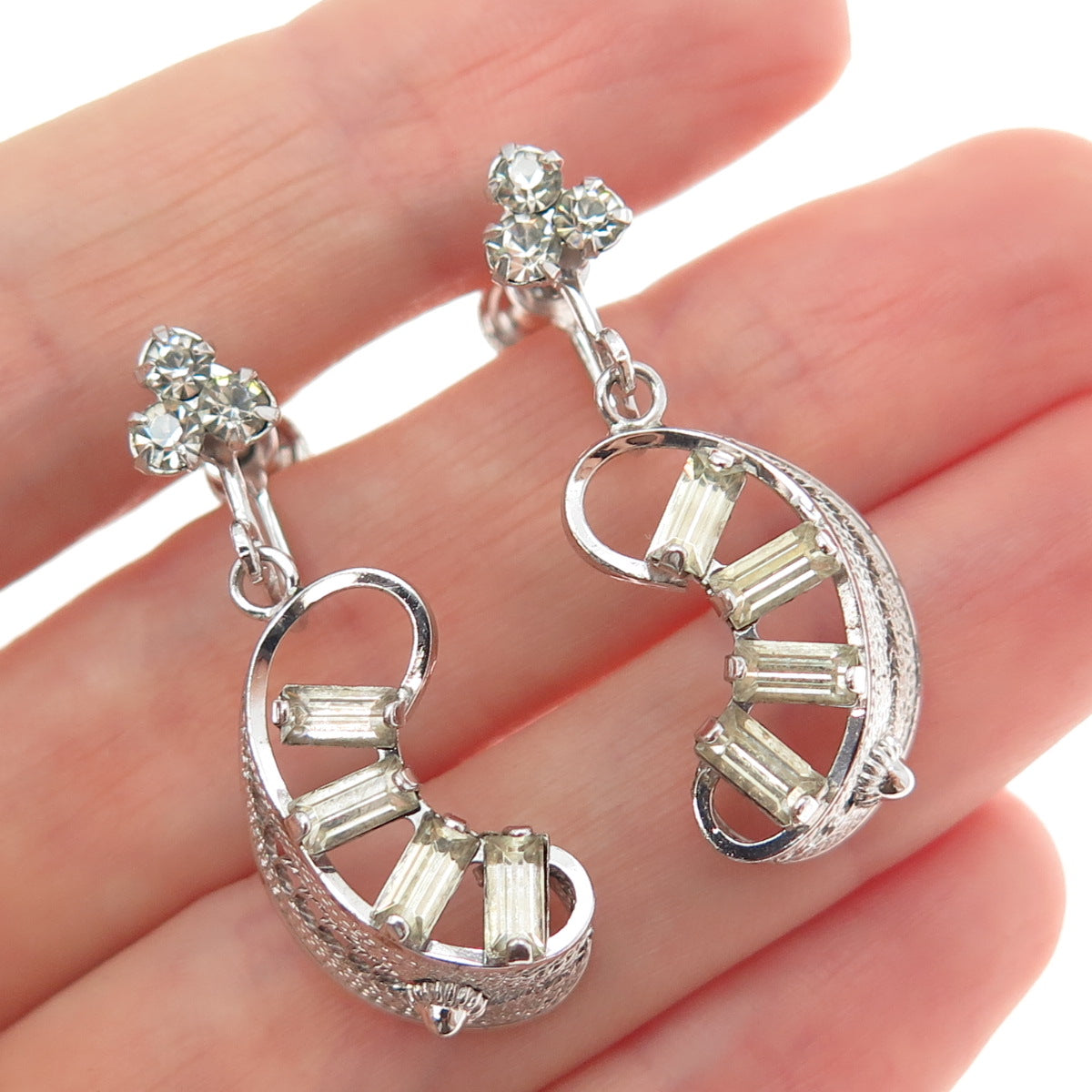 LORAN SIM CO. Sterling Antique Art Deco Rhinestone Filigree Screw Back Earrings