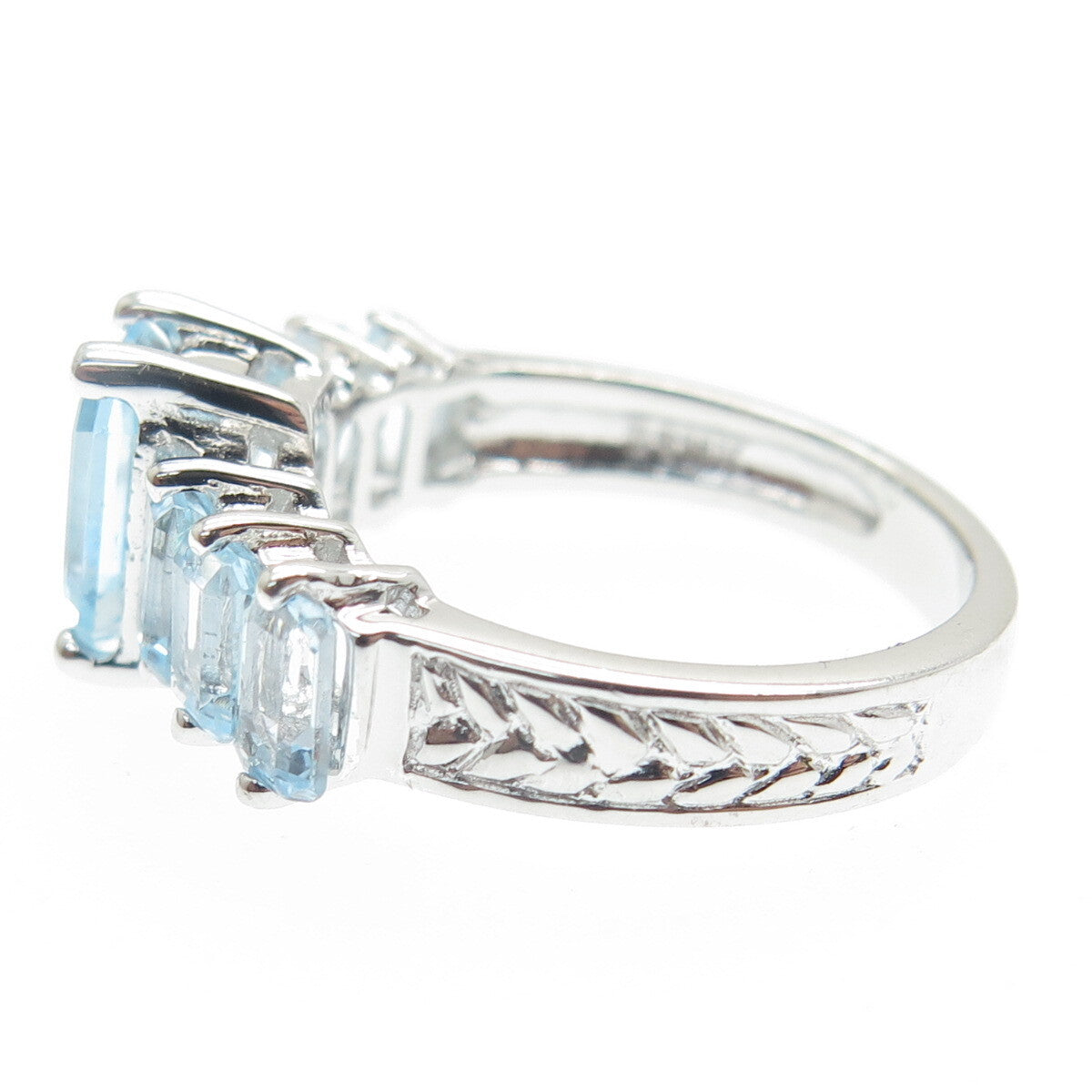 DSMK 925 Sterling Silver Real Emerald-Cut Blue Topaz Gem Ring Size 7.25