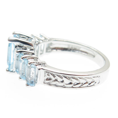 DSMK 925 Sterling Silver Real Emerald-Cut Blue Topaz Gem Ring Size 7.25