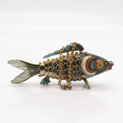 925 Sterling Silver Gold Plated Antique Enamel Chinese Chatelaine Koi Fish Fob