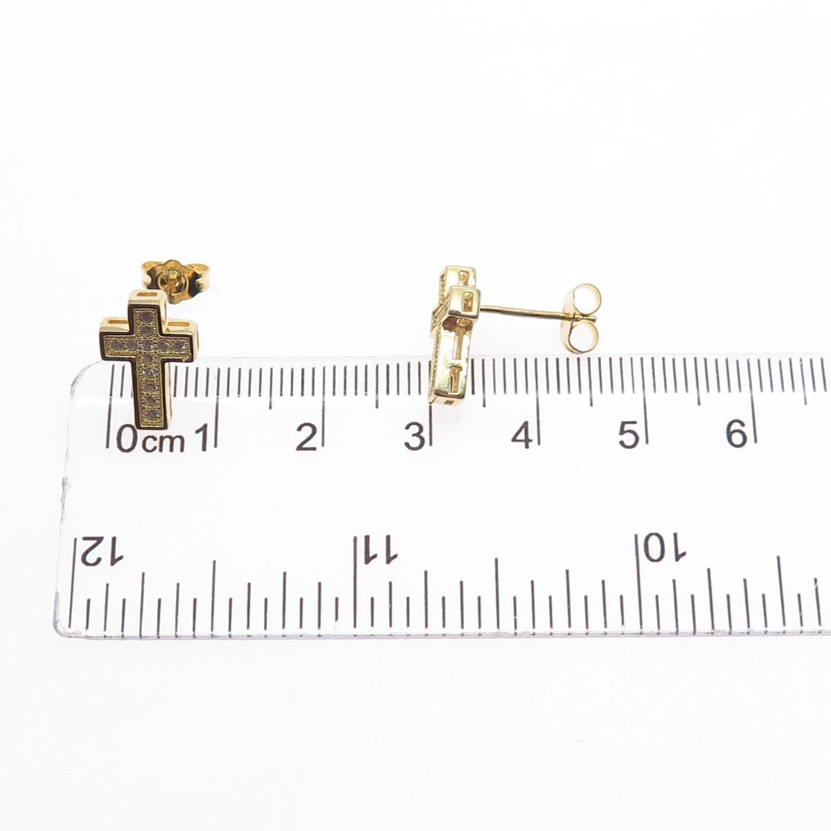 925 Sterling Silver Gold Plated Round-Cut C Z Cross Earrings