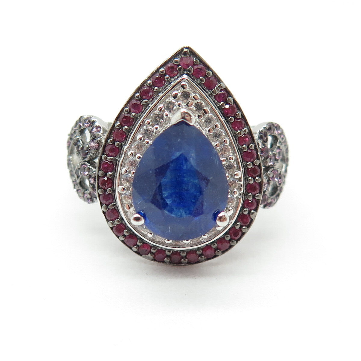 DSMK 925 Sterling Silver Blue & Pink Sapphire White Topaz Gem Pear Ring Size 7