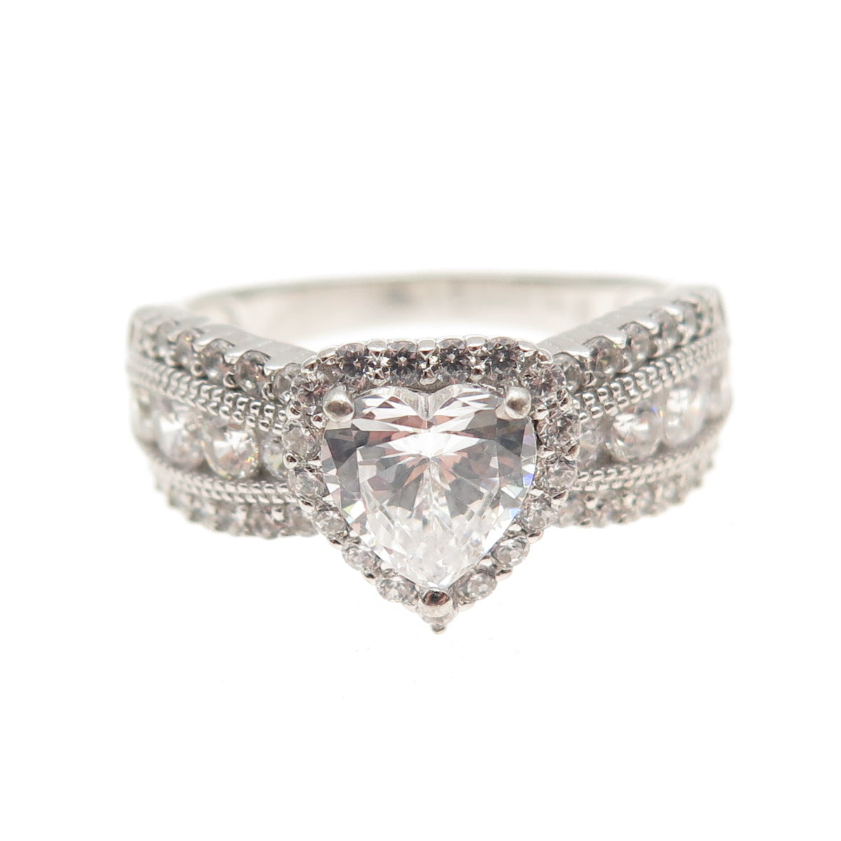 925 Sterling Silver Real Heart & Round-Cut C Z Promise Ring Size 9.25