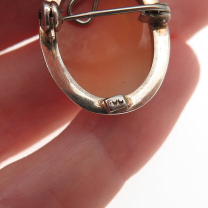 800 Silver 2-Tone Vintage Real MOP Carved Lady Cameo Pin Brooch / Pendant