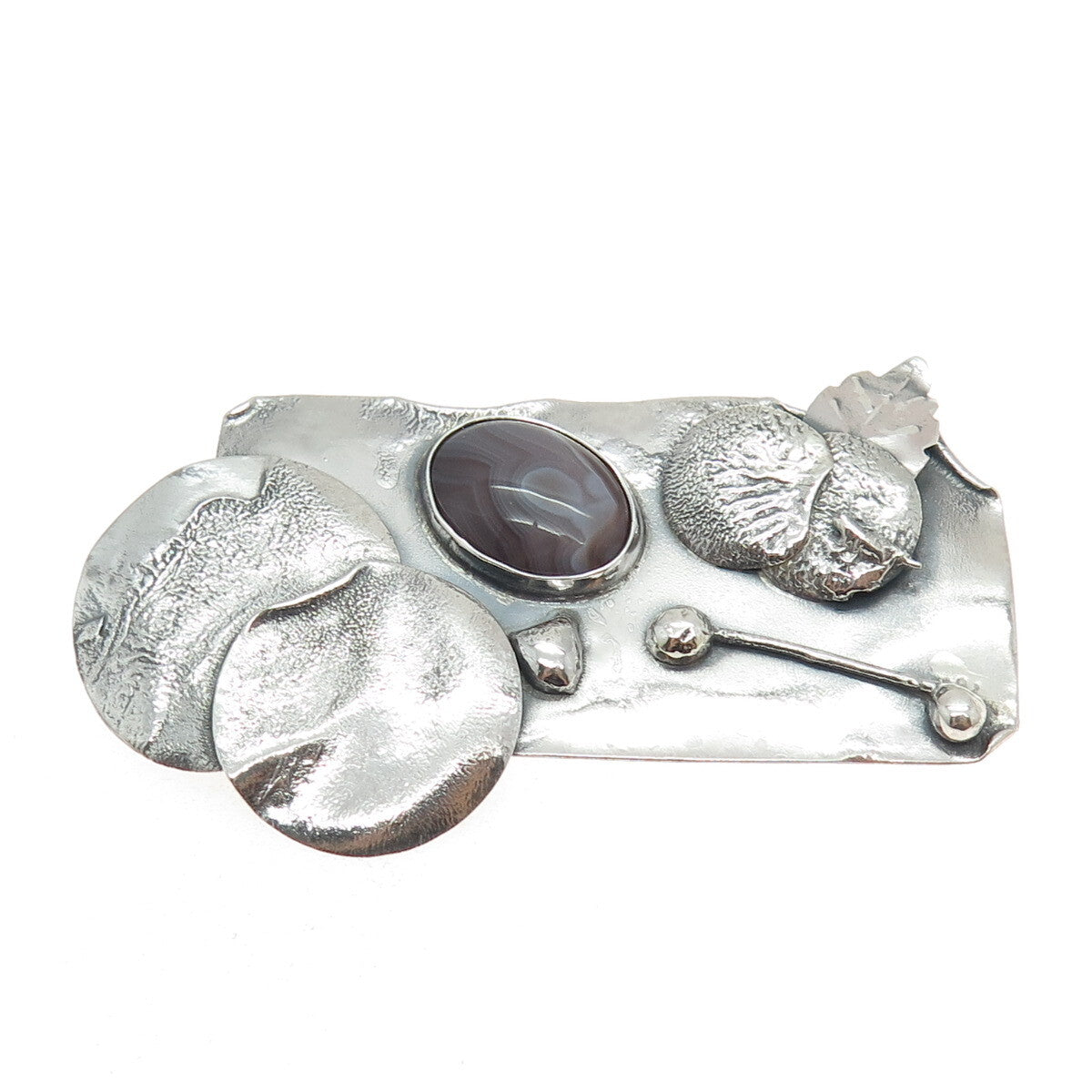 925 Sterling Silver Vintage Real Picture Agate Gemstone Modernist Pin Brooch