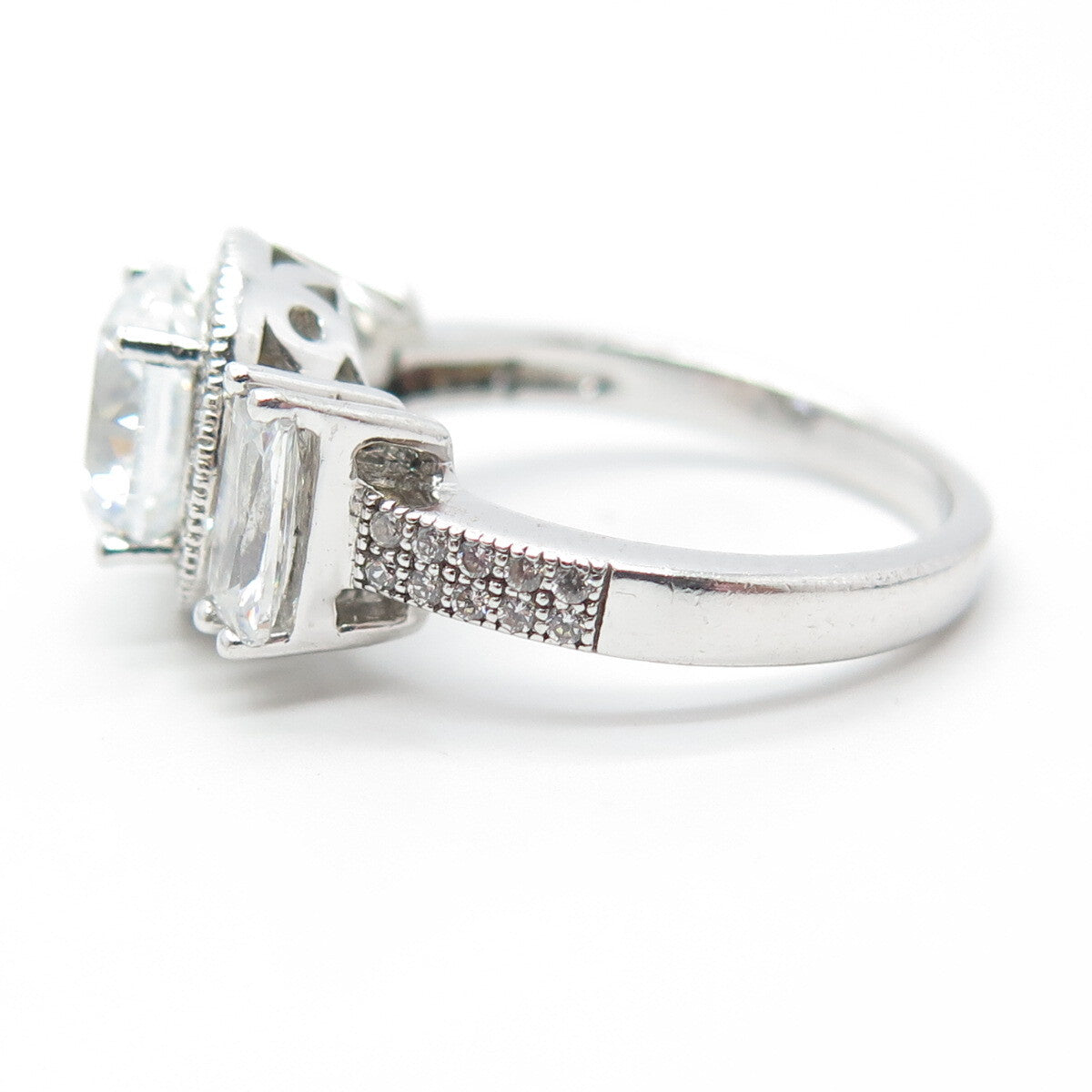 925 Sterling Silver Round & Baguette-Cut White C Z Engagement Ring Size 7