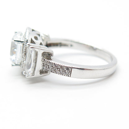 925 Sterling Silver Round & Baguette-Cut White C Z Engagement Ring Size 7