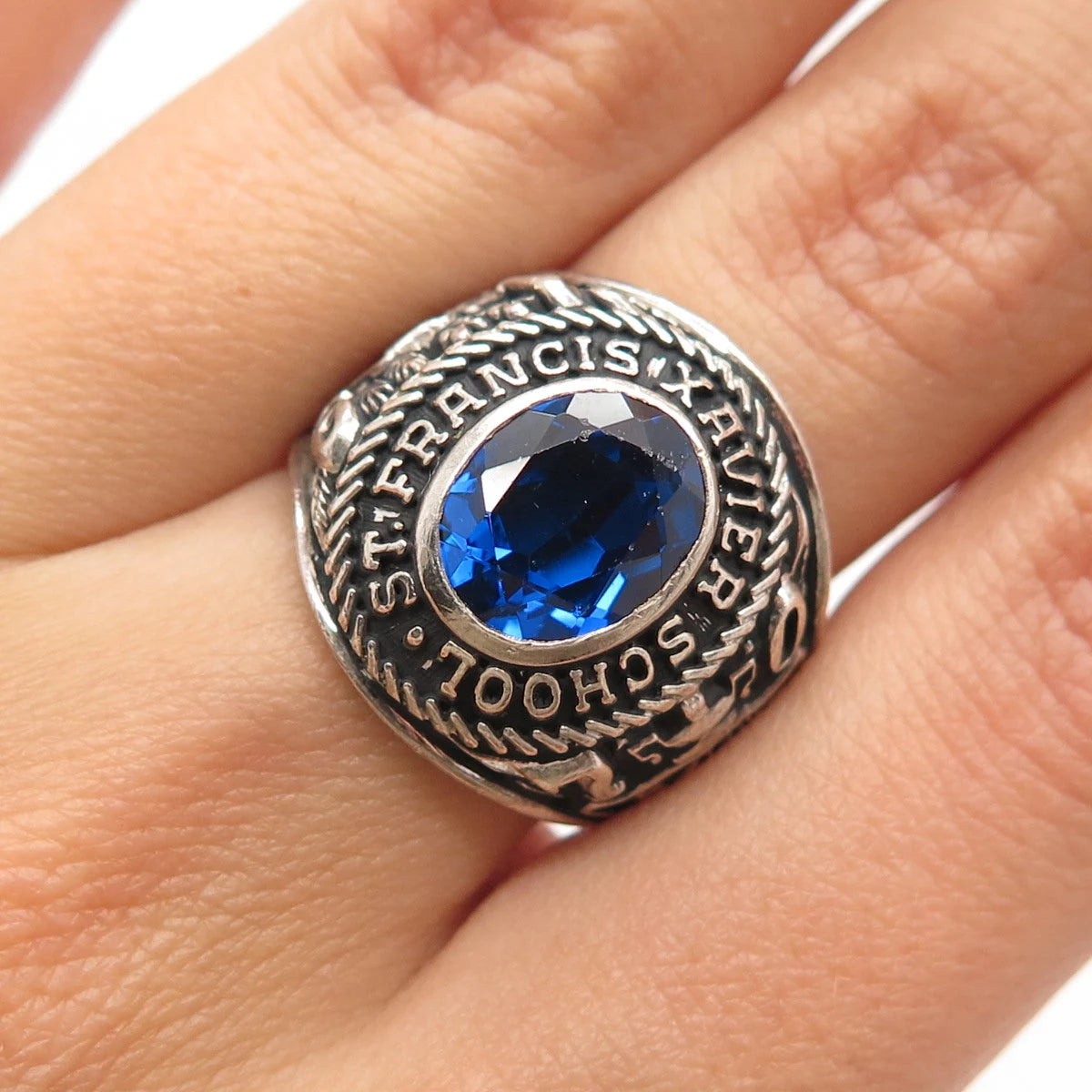 925 Sterling Silver Vintage Glass 1970 "St. Francis Xavier" School Ring Size 6