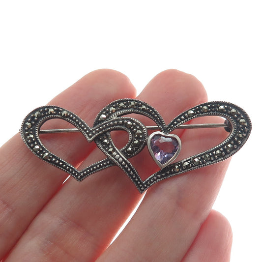 925 Sterling Silver Vintage Real Amethyst Marcasite Interlocked Heart Pin Brooch
