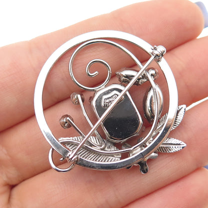 Van Dell 925 Sterling Silver Vintage Rhinestone Floral Oxidized Pin Brooch