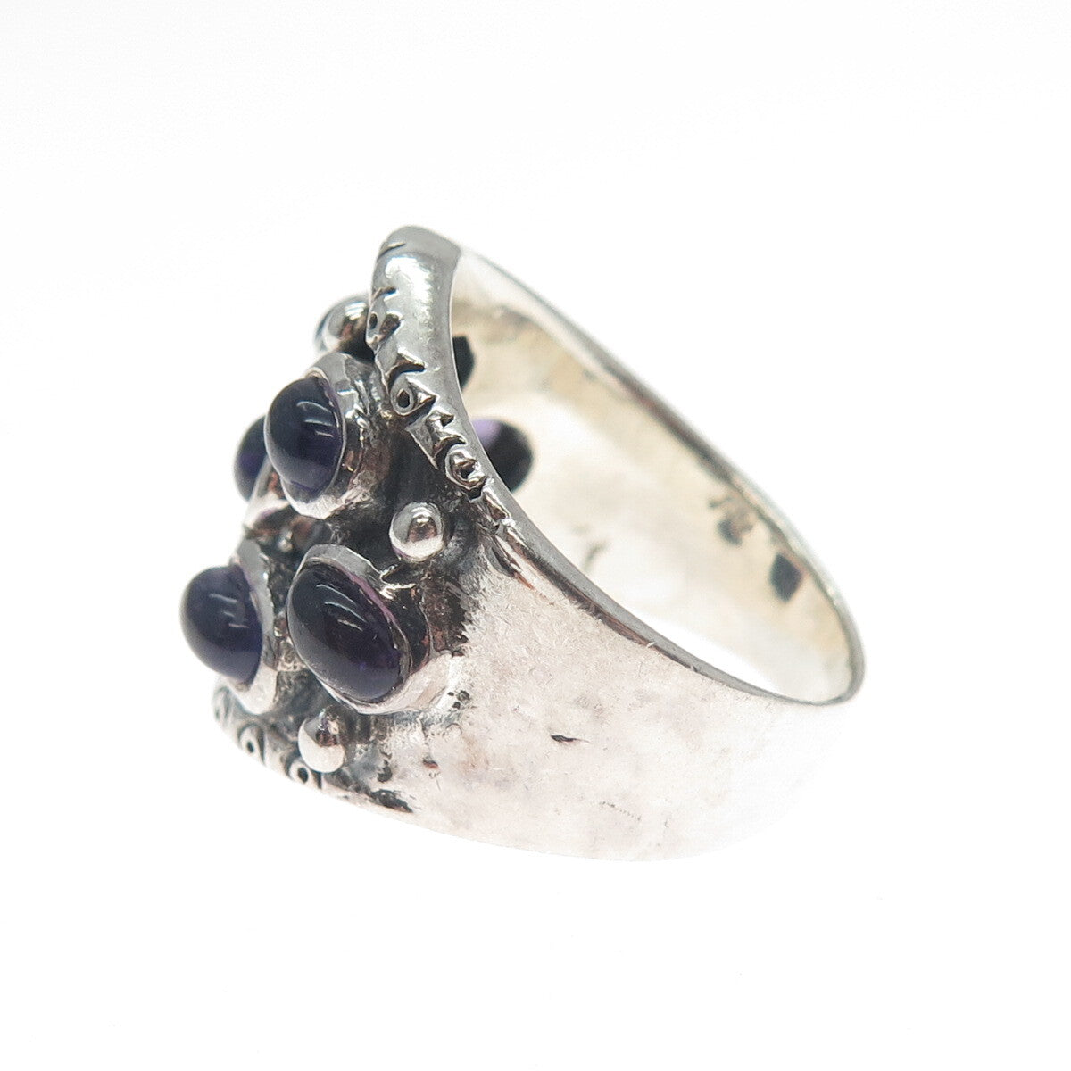 925 Sterling Silver Vintage Real Amethyst Modernist Oxidized Ring Size 7