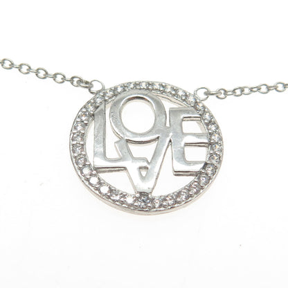 925 Sterling Silver Round-Cut Shaped C Z "LOVE" Rolo Chain Necklace 18"