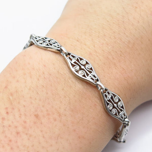 925 Sterling Silver Vintage Ornate Panel Link Bracelet 7.5"