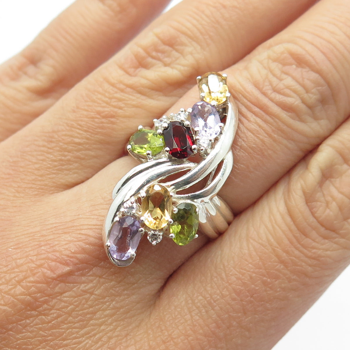 925 Sterling Silver Vintage Amethyst Citrine Peridot Garnet Gem Ring Size 6.75