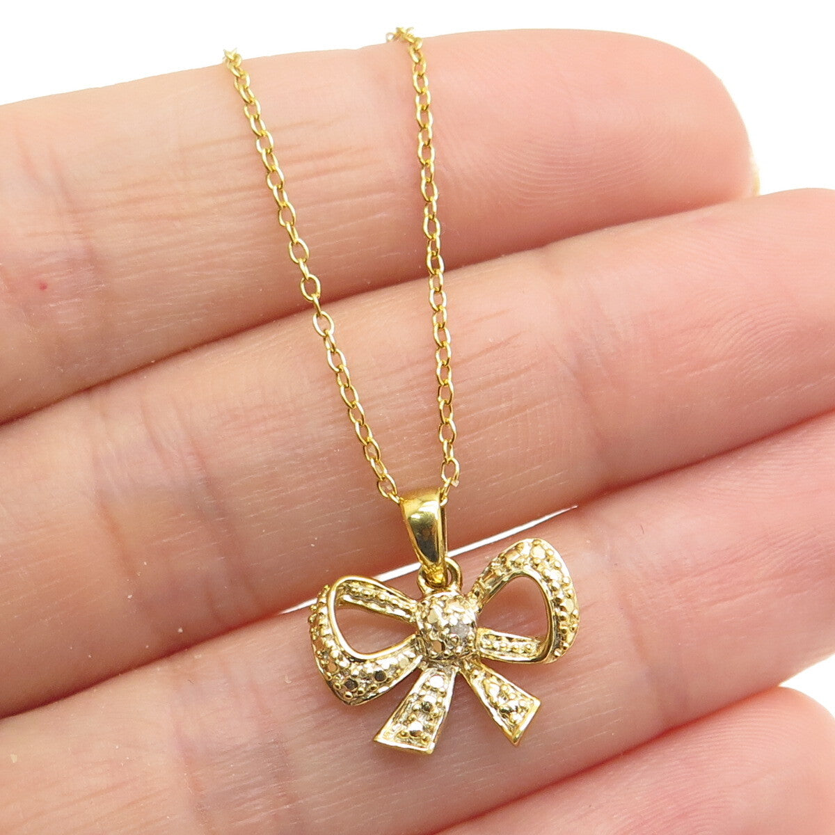925 Sterling Silver Gold Plated Real Diamond Accent Bow Cable Chain Necklace 18"