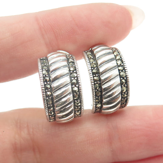 HAN 925 Sterling Silver Vintage Real Marcasite Ribbed Omega Back Earrings