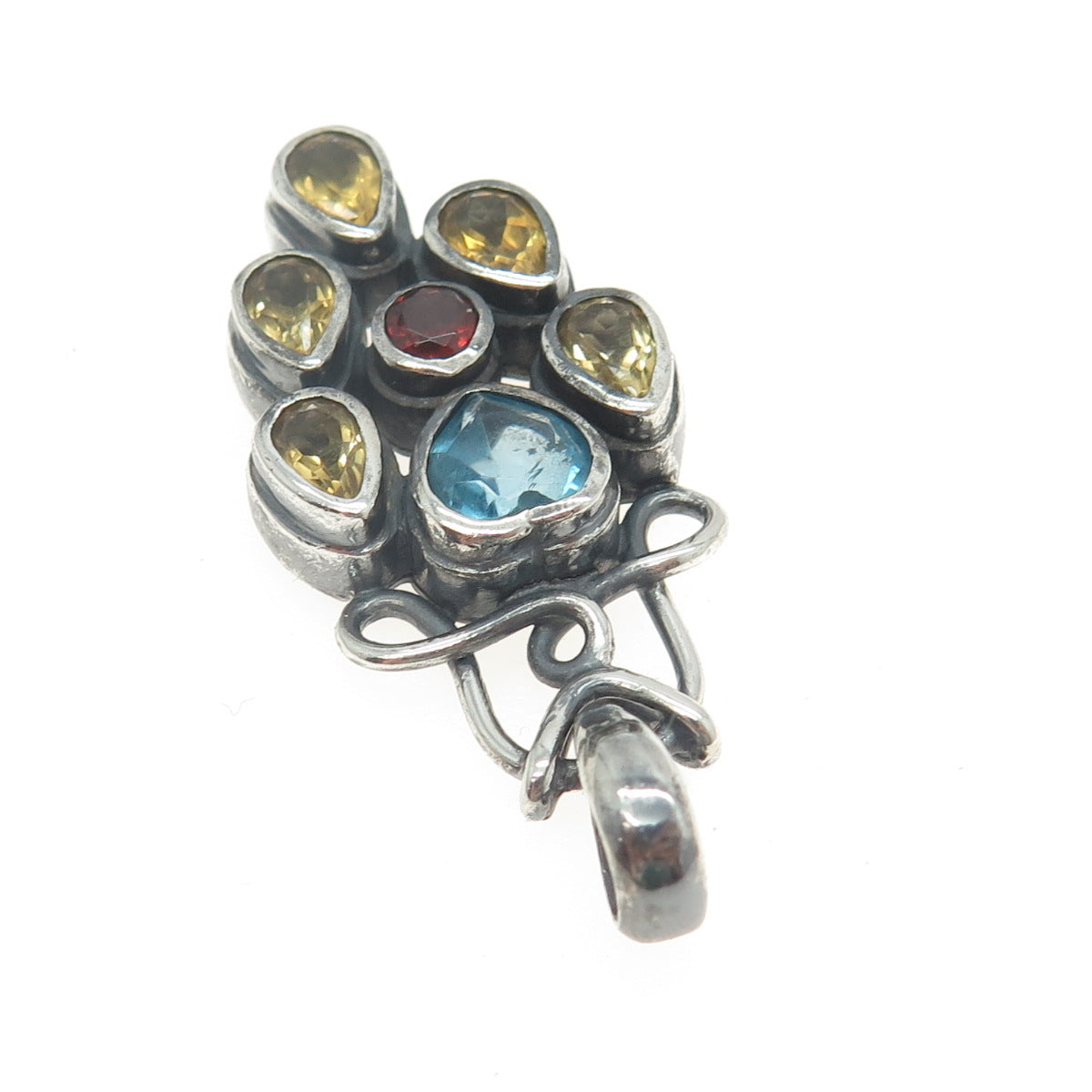 925 Sterling Silver Vintage Real Citrine Red Garnet & Blue Topaz Cluster Pendant