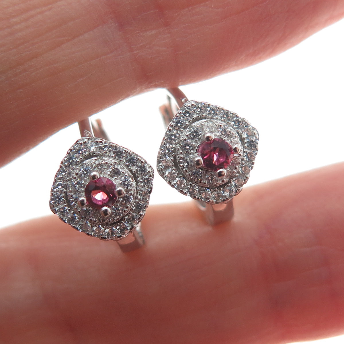 925 Sterling Silver Round-Cut Pink & White C Z Cushion Hoop Earrings