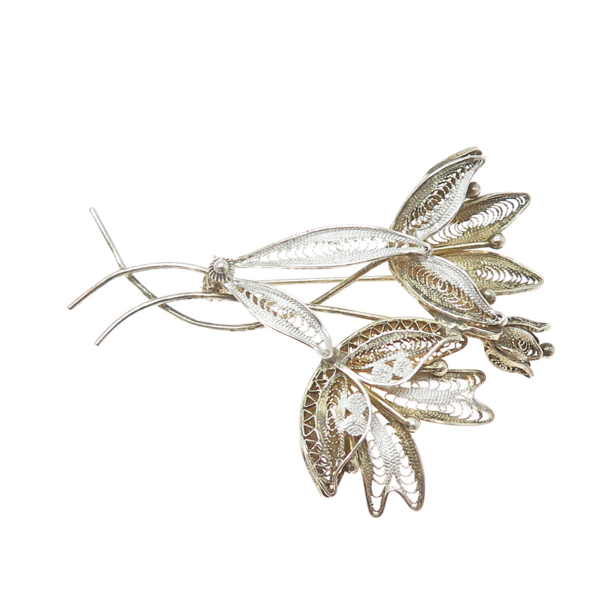 800 Silver Antique Art Deco Gold Plated Filigree Floral Pin Brooch