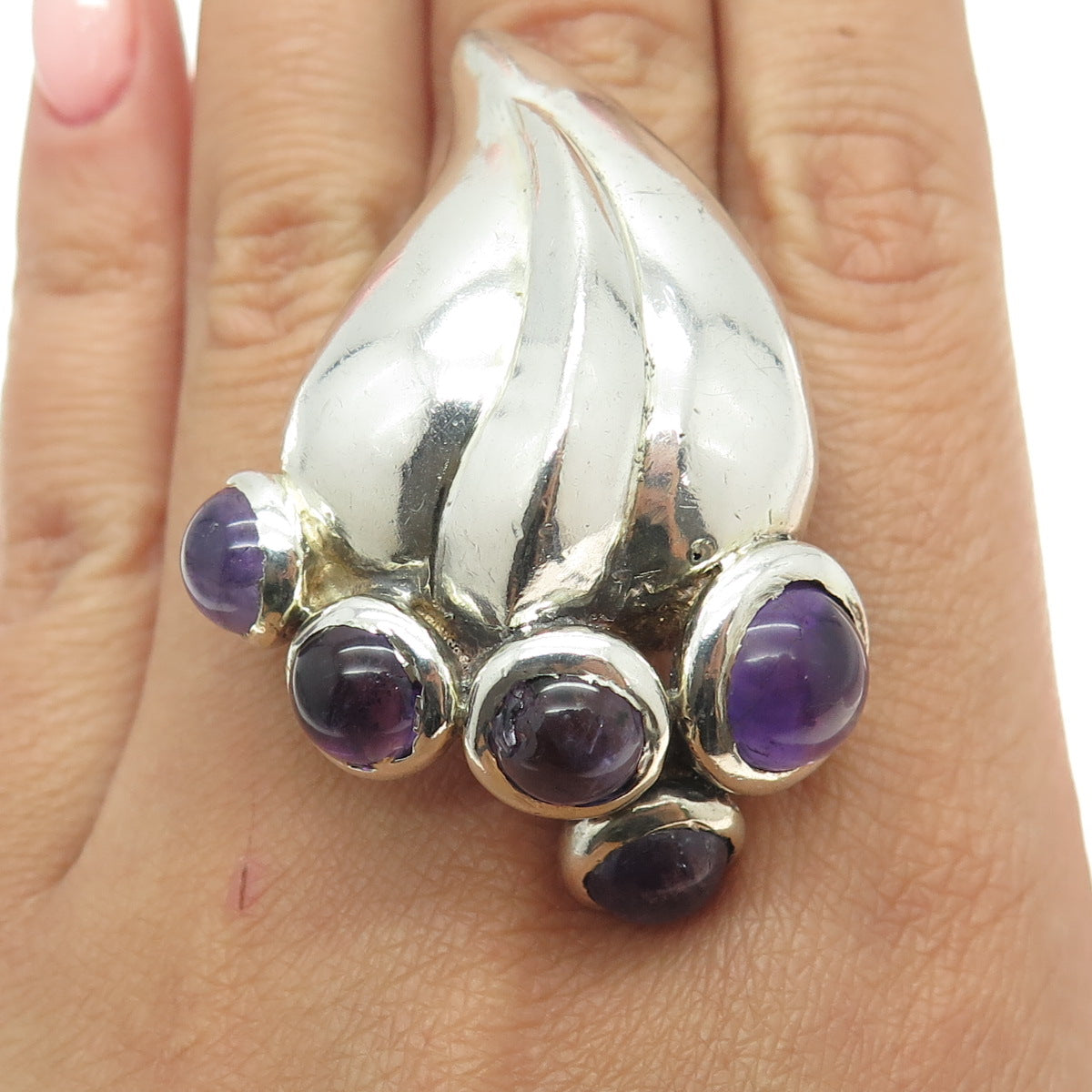 925 Sterling Silver Vintage Real Amethyst Gemstone Modernist Ring Size 7.75