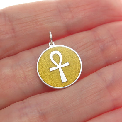 925 Sterling Silver Yellow Enamel Egyptian Ankh Minimalist Charm Pendant