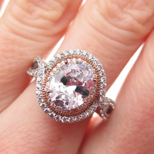 DSMK 925 Sterling Silver 2-Tone Oval & Round-Cut C Z Engagement Ring Size 7.25