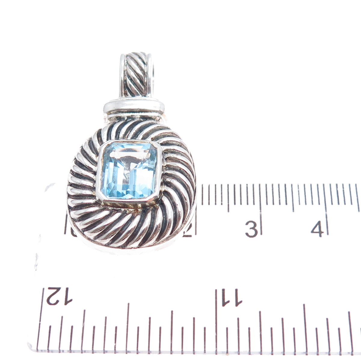 925 Sterling Silver Vintage Real Emerald-Cut Blue Topaz Oxidized Charm Pendant