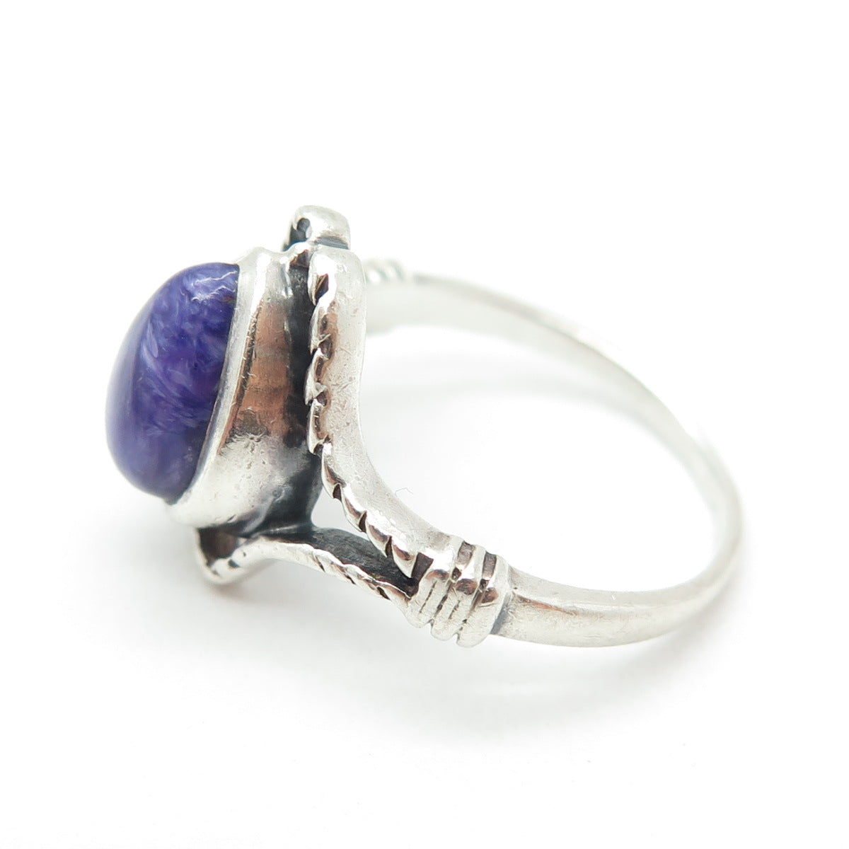 925 Sterling Silver Vintage Real Pear-Cut Charoite Oxidized Ring Size 7.75