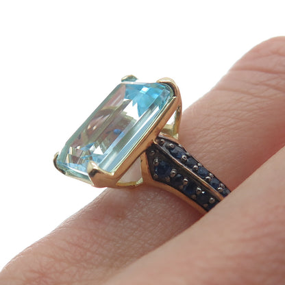 DSMK 925 Sterling Silver Gold Plated Real Blue Topaz & Sapphire Ring Size 7.25