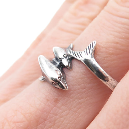 925 Sterling Silver Vintage Dolphin Couple Oxidized Ring Size 8.75