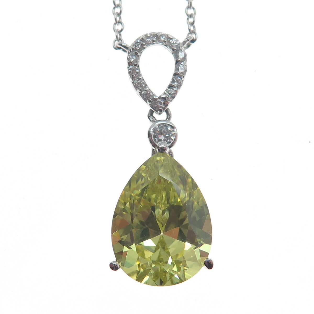 925 Sterling Silver Pear-Cut Lime Citrine Gem & C Z Cable Chain Necklace 18"