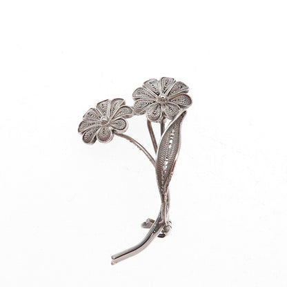 800 Silver Antique Art Deco Daisy Flower Filigree Oxidized Pin Brooch
