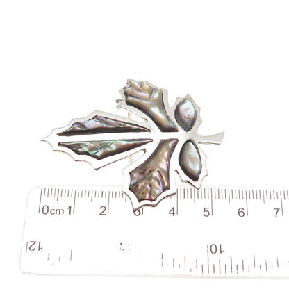 925 Sterling Silver Vintage Mexico Real Abalone Shell Maple Leaf Pin Brooch