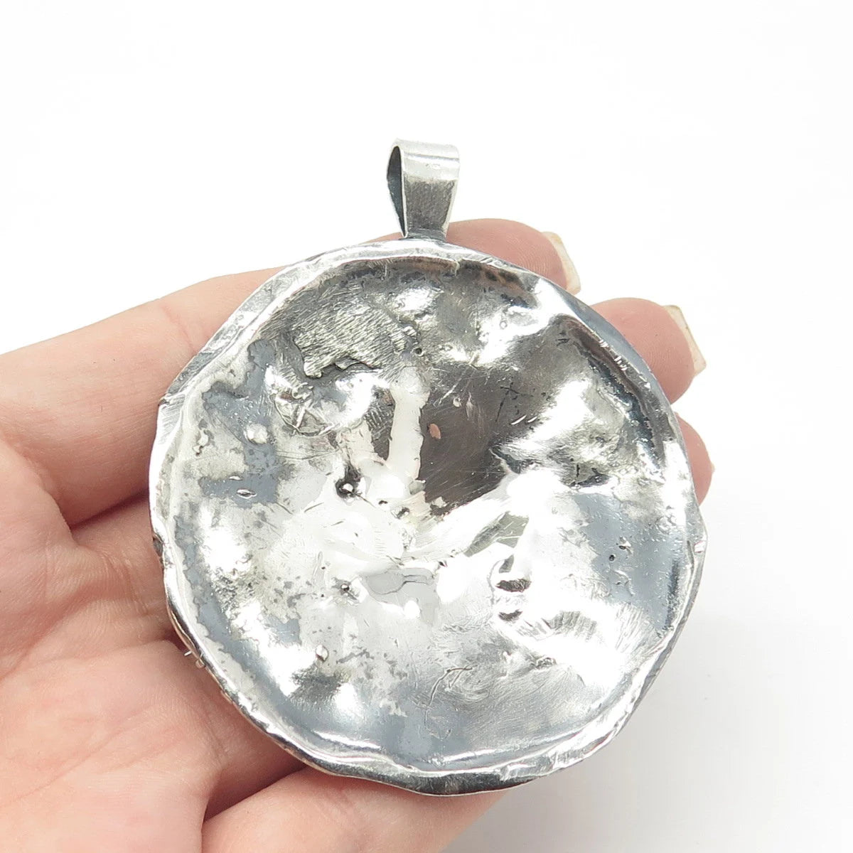 925 Sterling Silver Vintage Brutalist Modernist Large Round Pendant