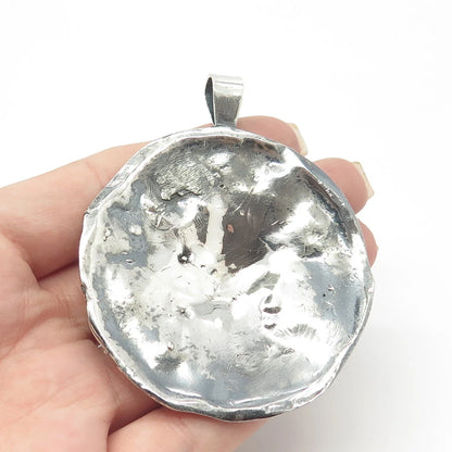 925 Sterling Silver Vintage Brutalist Modernist Large Round Pendant