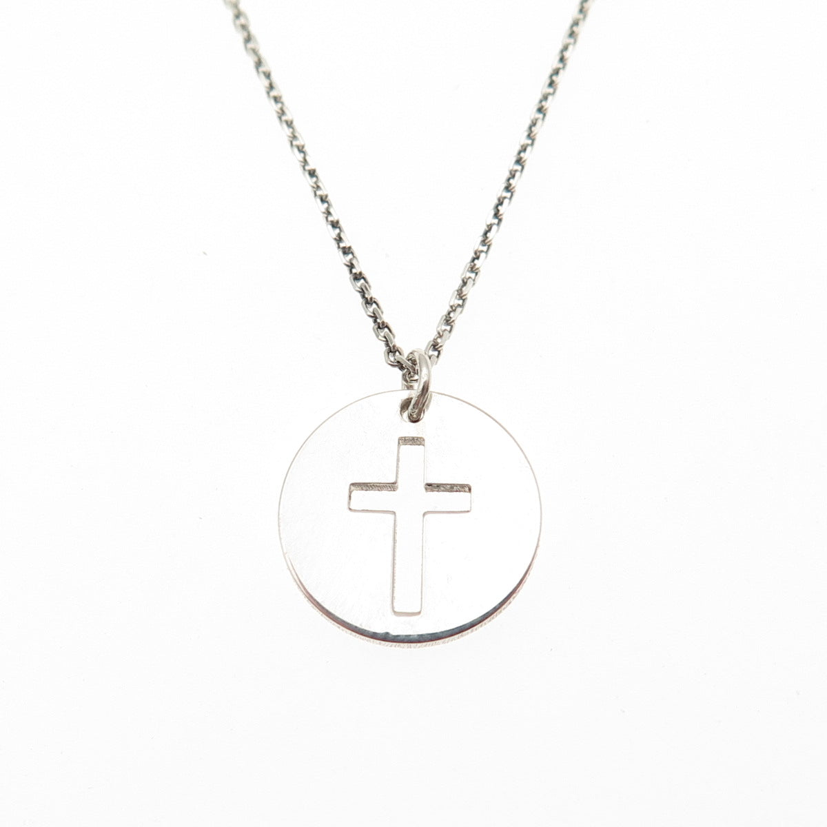 925 Sterling Silver Cross Round Tag Cable Chain Necklace 16-18"