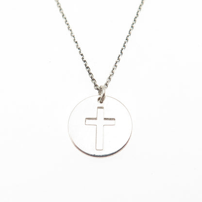925 Sterling Silver Cross Round Tag Cable Chain Necklace 16-18"