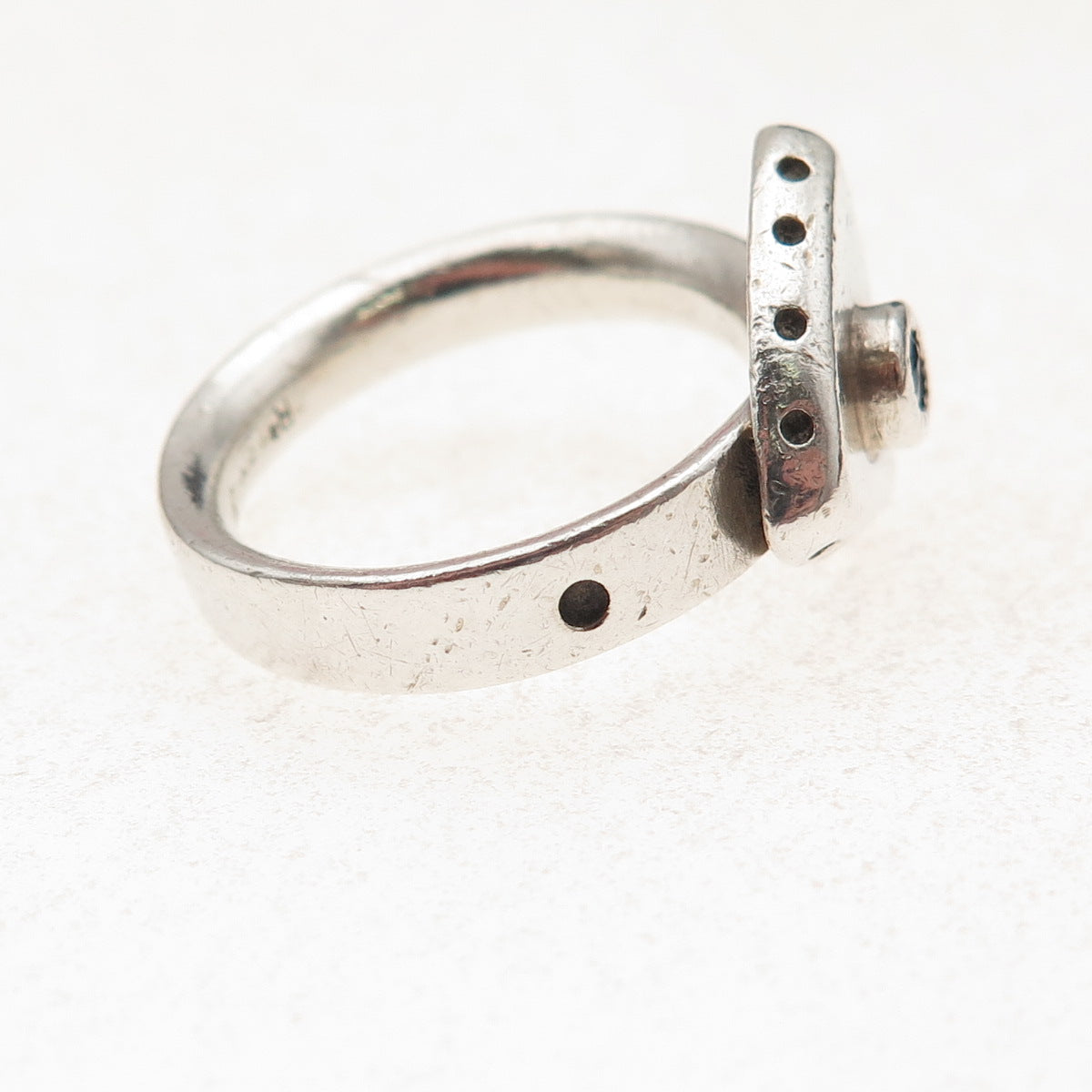 925 Sterling Silver Vintage Real Sapphire Modernist Oxidized Ring Size 8.75