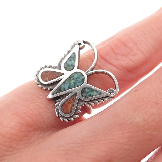 Old Pawn 925 Sterling Silver Vintage Turquoise Coral Inlay Butterfly Ring Size 3