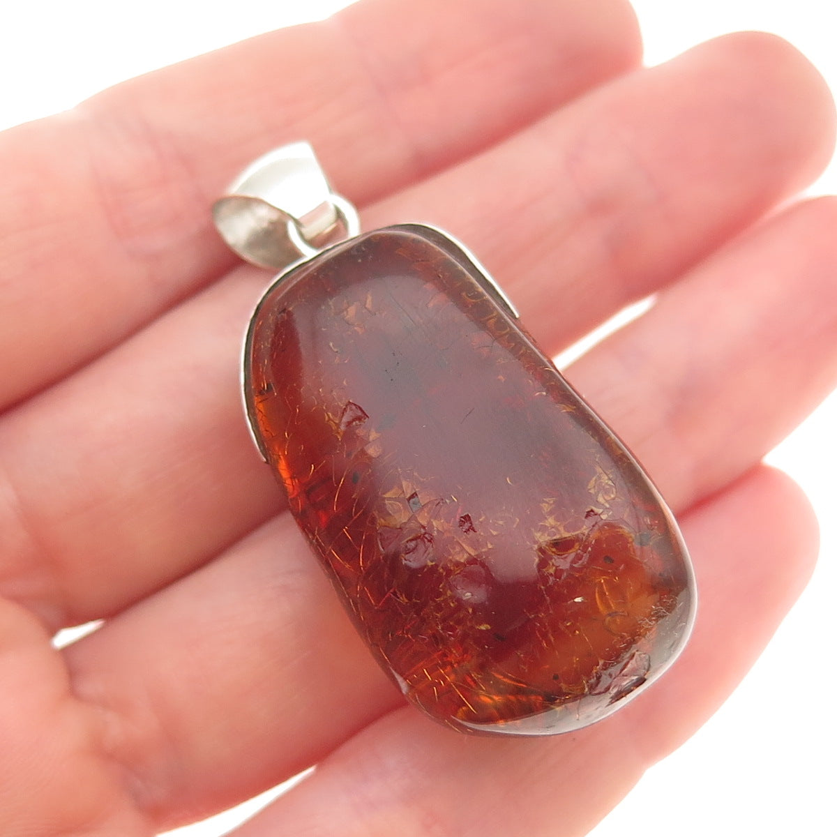 925 Sterling Silver Vintage Real Amber Modernist Charm Pendant