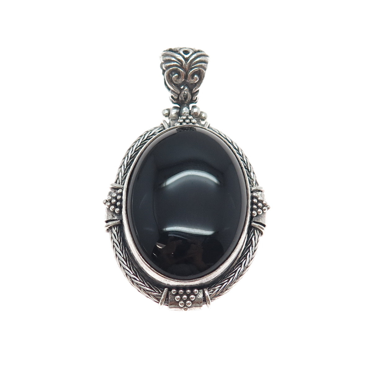 925 Sterling Silver Vintage Real Black Onyx Ornate Oxidized Pendant