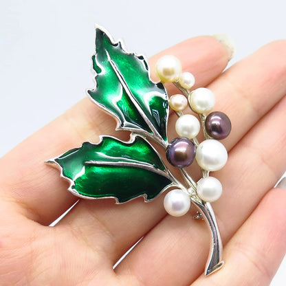 925 Sterling Silver Vintage Philippines Real Pearl & Enamel Leaf Pin Brooch