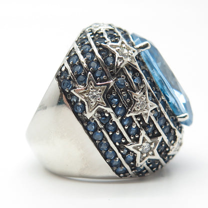 925 Sterling Silver Ocean Blue C Z Wide Ring Size 9.25